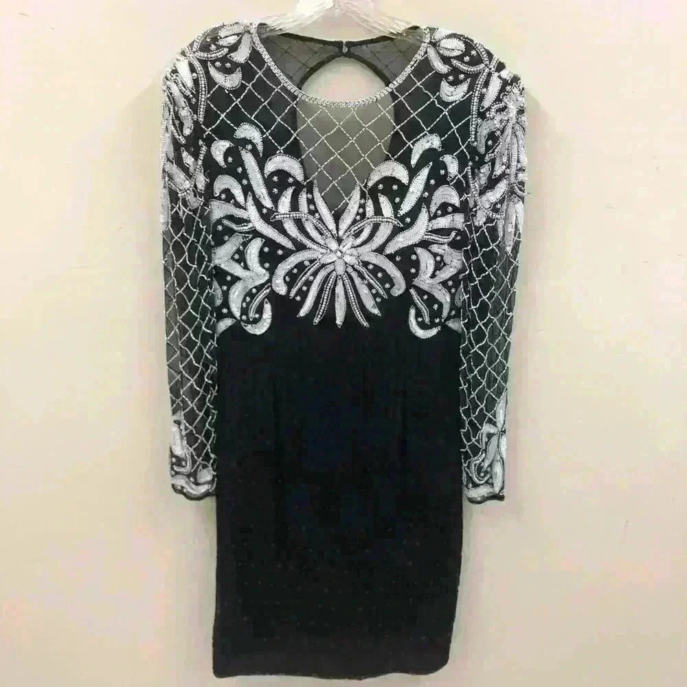 VTG 80’s Laurence Kazar New York Black/White Silk Women’s S Beaded Dress